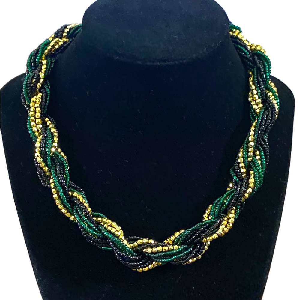 Vintage multi strand beaded choker with emerald green, black and gold 17-20”